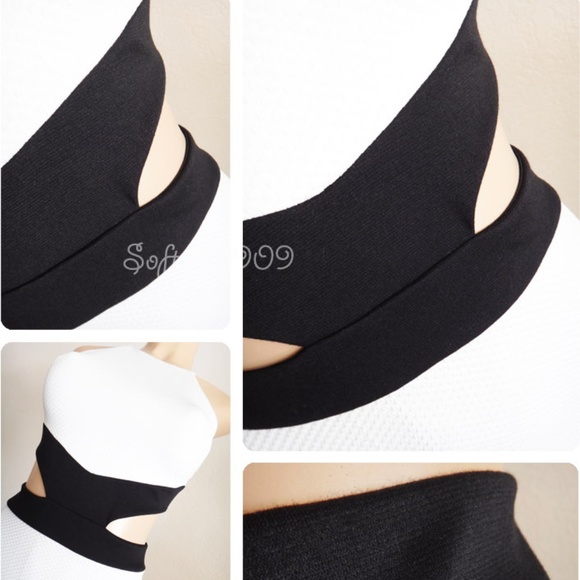 White Black High Neck Cutout Midi Bodycon Dress - Picture 7 of 8